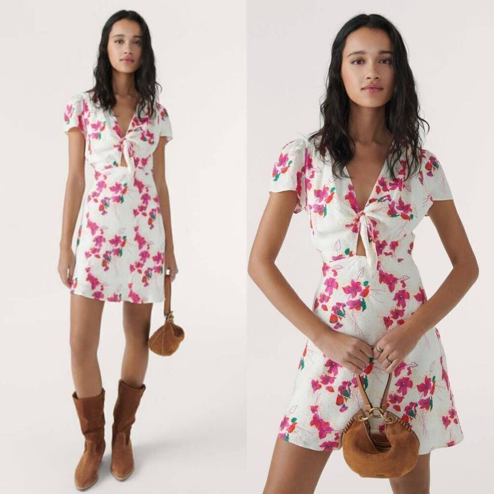 Ba&sh Floral Jacquard Tie Front Cut Out Elita Mini Dress Cream Size XS